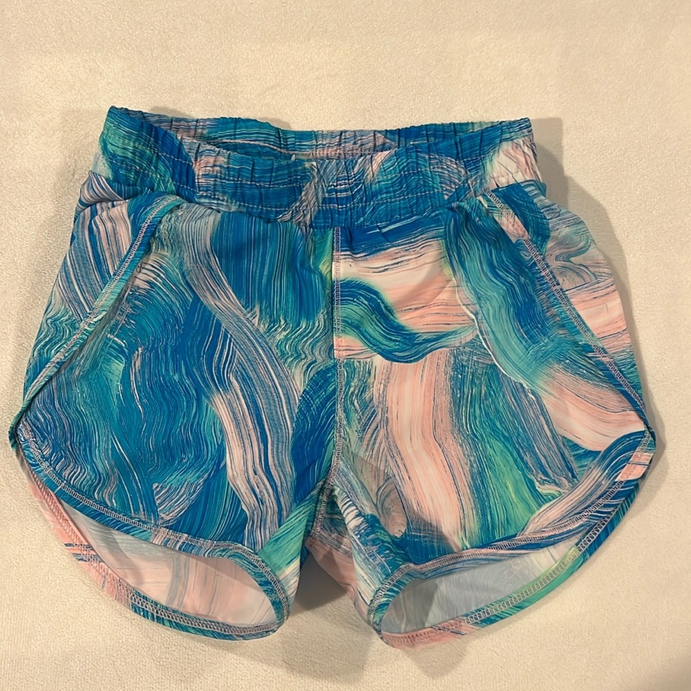 All in motion workout shorts, lined pink/blue, size XS 4/5
